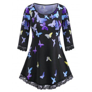 

Multicolored Butterfly Scalloped Lace Trim Plus Size Top, Black