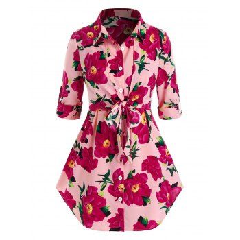 

Plus Size Flower Print Roll Up Sleeve Tie Tunic Blouse, Pink
