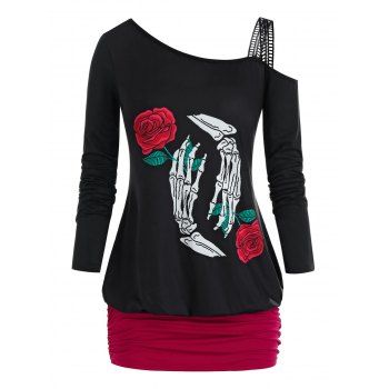 

Plus Size Skew Collar Skeleton Hands Flower Long Sleeve Tee, Black