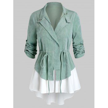 

Plus Size Corduroy Drawstring Roll Up Sleeve Jacket, Light green