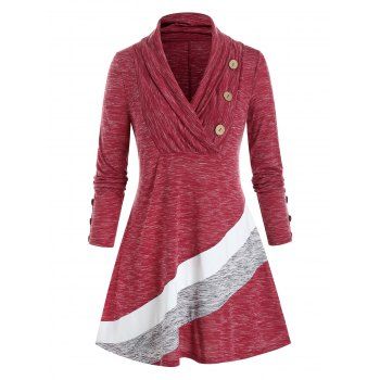 

Plus Size Shawl Collar Space Dye Colorblock Tunic Tee, Multicolor