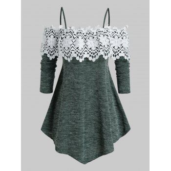 

Plus Size Lace Guipure Cold Shoulder Marled Knitwear, Sea green