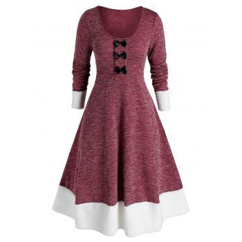 

Plus Size Bowknot Faux Fur Insert Long Sleeve Knit Dress, Deep red