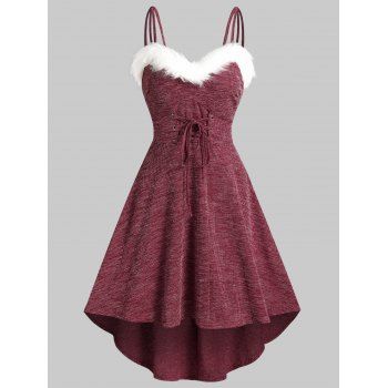 

Fluffy Trim Tie Waist Dip Hem Knitted Cami Dress, Red wine