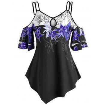 

Floral Open Shoulder Strappy Plus Size Top, Blue