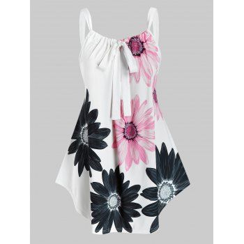 

Plus Size Flower Print Tie Round Hem Tank Top, White