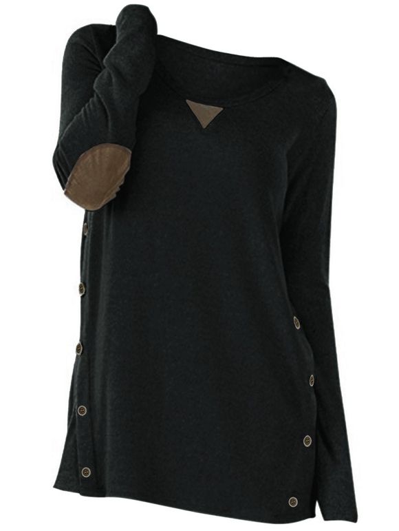 T-shirt Boutonné avec Patch au Coude de Grande Taille - Noir 1X