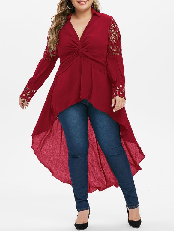 Blouse Haute Basse Tordue en Avant de Grande Taille - Rouge 5X