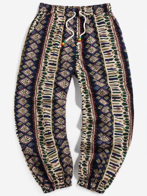 Pantalon Décontracté à Imprimé Ethnique Aztèque Tribal à Cordon - Bleu profond XL