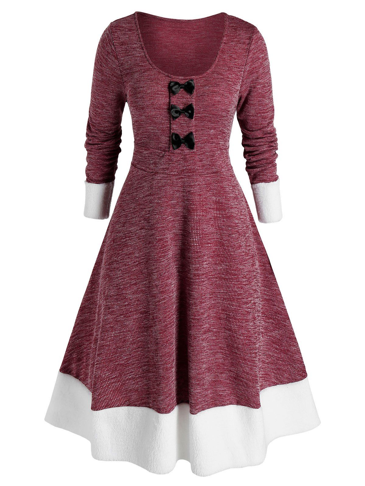 Plus Size Bowknot Faux Fur Insert Long Sleeve Knit Dress - DEEP RED 1X