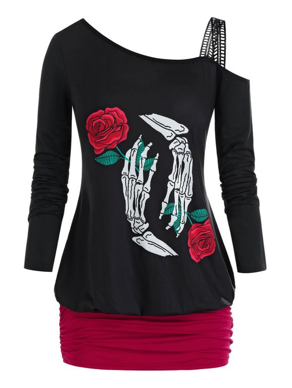T-shirt Fleur Main Squelette de Grande Taille Manches Longues à Col Oblique - Noir L