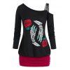 T-shirt Fleur Main Squelette de Grande Taille Manches Longues à Col Oblique - Noir 5X