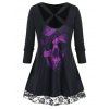 T-shirt Tunique Tordu Crâne Imprimée à Ourlet en Dentelle de Grande Taille - Noir 4X