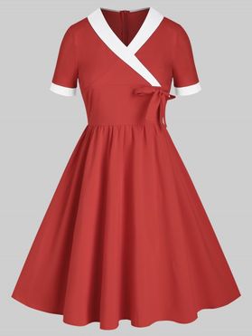 Shawl Collar Bowknot Two Tone Vintage Surplice Dress
