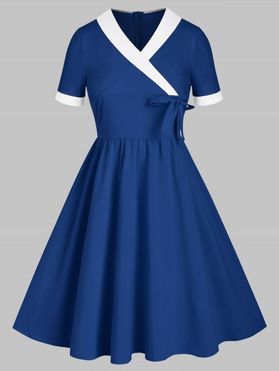 Vintage Two Tone A Line Dress Shawl Collar Surplice Bowknot Short Sleeve Dress
