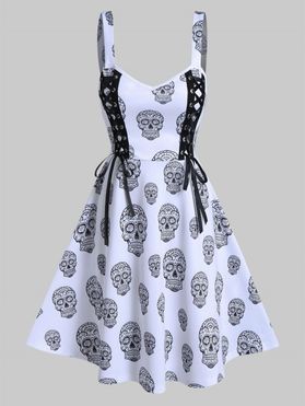 Gothic Skull Print Lace Up Cami A Line Dress