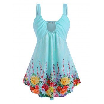 

Plus Size Floral Print Keyhole Tank Top, Light blue