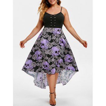 

Grommet Floral Skull High Low Halloween Plus Size Dress, Concord