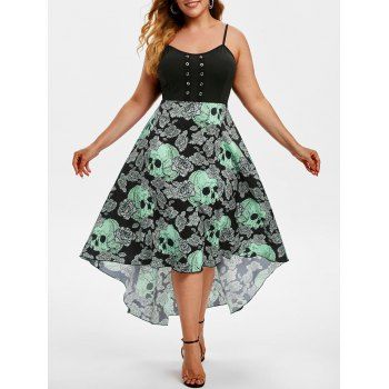 

Grommet Floral Skull High Low Halloween Plus Size Dress, Green