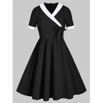 

Vintage Two Tone A Line Dress Shawl Collar Surplice Bowknot Short Sleeve Dress, Black