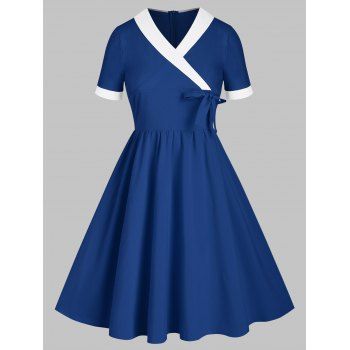 

Vintage Two Tone A Line Dress Shawl Collar Surplice Bowknot Short Sleeve Dress, Deep blue