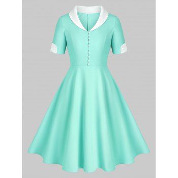 

Shawl Collar Button Placket Fit and Flare Vintage Dress, Light blue