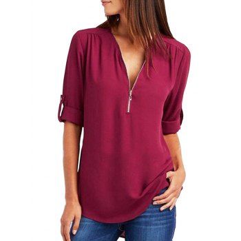 

Cuffed Sleeve Curved Hem Half Zip T-shirt, Red wine