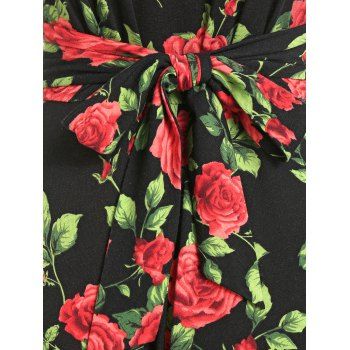 Valentine Sleeveless Rose Flower Print Self Tied Plunge Neck A Line Dress