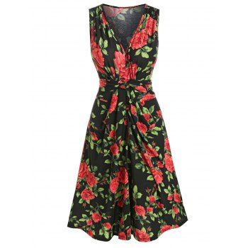 

Valentine Sleeveless Rose Flower Print Self Tied Plunge Neck A Line Dress, Black