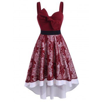 

Lace Overlay Bowknot High Low Party Dress, Red