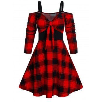 

Plaid Print Cold Shoulder Knotted Flare Dress, Red