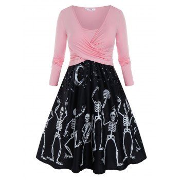 

Plus Size Crossover Skeleton Moon and Star Long Sleeve Dress, Black