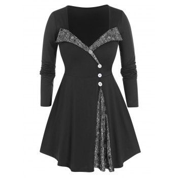 

Plus Size Lace Insert Mock Button Long Sleeve Tunic Tee, Black