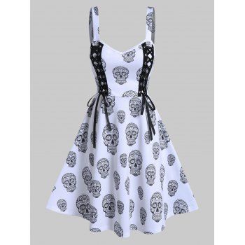 

Gothic Skull Print Lace Up Cami A Line Dress, White