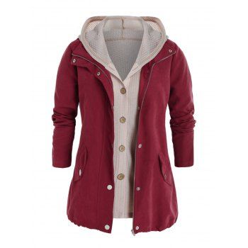 

Plus Size Zip Pocket Jacket and Hooded Knit Top Set, Red wine