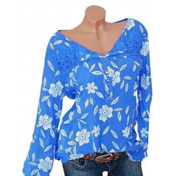 

Plus Size Floral Print Lace Insert Studded Blouse, Blue