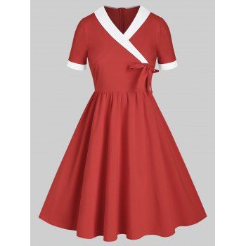 

Vintage Two Tone A Line Dress Shawl Collar Surplice Bowknot Short Sleeve Dress, Red