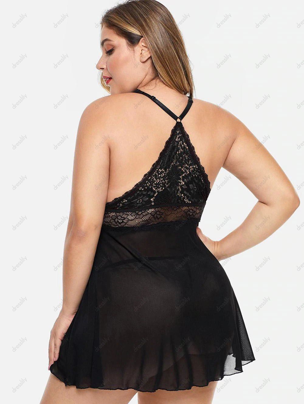 Off Plus Size Plunge Lace Insert Sheer Babydoll Set In Black Dresslily