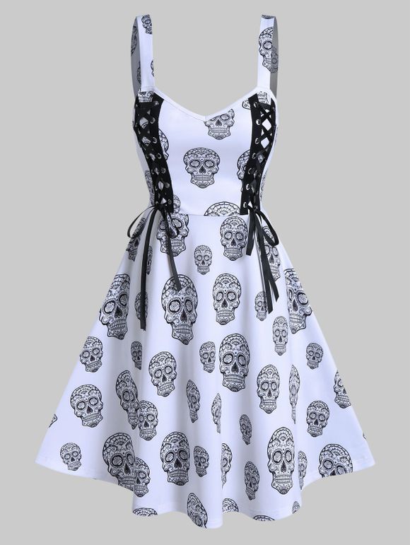 Gothic Skull Print Lace Up Cami A Line Dress - WHITE M