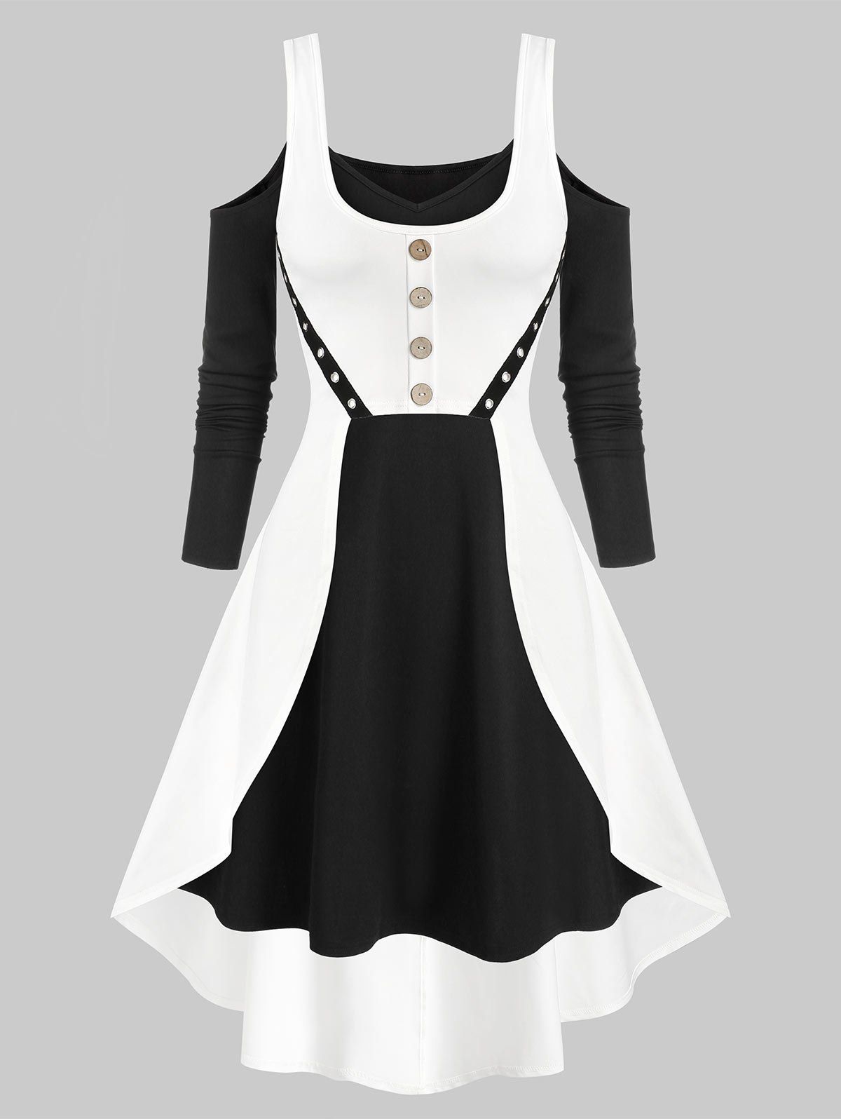 Cold Shoulder Mock Button High Low Two Piece Dress - BLACK M
