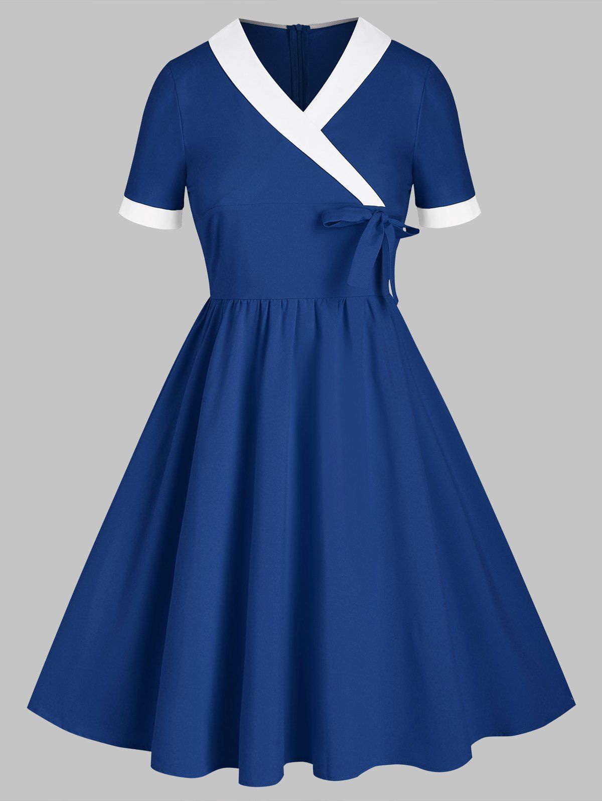 Vintage Two Tone A Line Dress Shawl Collar Surplice Bowknot Short Sleeve Dress - DEEP BLUE S