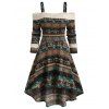 Knitted Tribal Print Cold Shoulder High Low Dress - COFFEE M