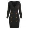 Long Sleeve Mock Button Mini Sheath Dress - BLACK 2XL