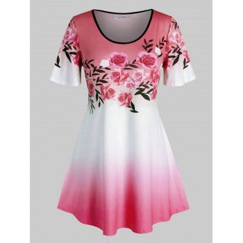 

Plus Size Floral Print Ombre Color T Shirt, Light pink