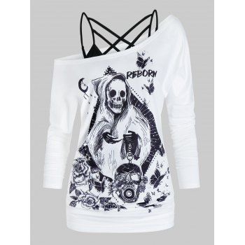 

Floral Skull Print Crisscross Exposed Shoulder Twinset T Shirt, White