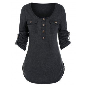 

Round Collar Buttons Roll Up Sleeve T-shirt, Ash gray