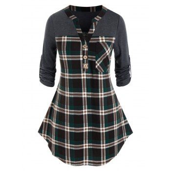 

Plus Size Plaid Half Placket Roll Up Sleeve Tunic Top, Grayish turquoise