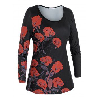 

Plus Size Asymmetric Rose Printed T-shirt, Black