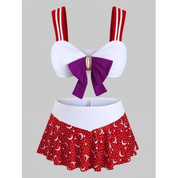 

Plus Size Bowknot Moon and Stars Print Three Piece Swimwear, Red