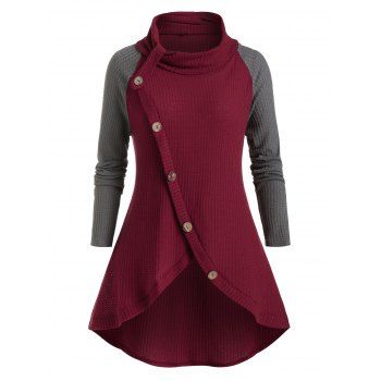 

Plus Size Oblique Buttons Two-tone Sweater, Multicolor